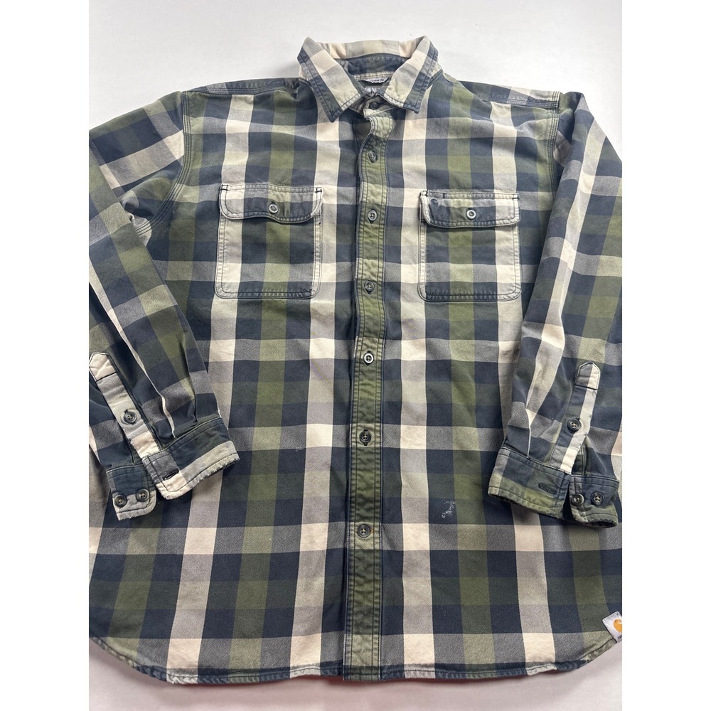 Carhartt Mens 2XL Original Fit Heavy Duty Work Shirt Green Cream Button